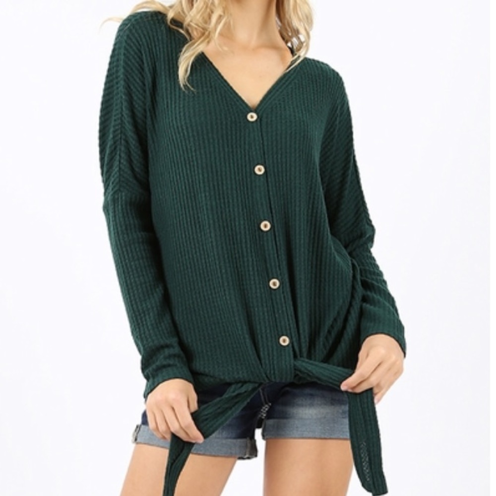 Waffle Knit Knot Front Sweater -Hunter Green 23003 - Picture 3 of 8